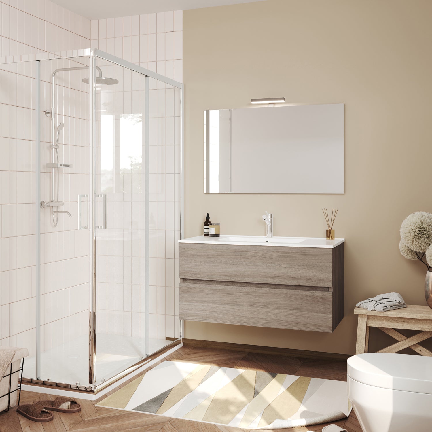 Mobile bagno con lavabo in ceramica specchio e lampada cm 90 colore Rovere Fumo- Cubi&Co modello Symmetry Classic 3 by CeramicStore | Lo specialista del tuo bagno