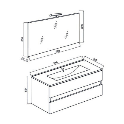 Mobile bagno con lavabo in ceramica specchio e lampada cm 90 colore Rovere Grigio- Cubi&Co modello Symmetry Classic 3 by CeramicStore | Lo specialista del tuo bagno