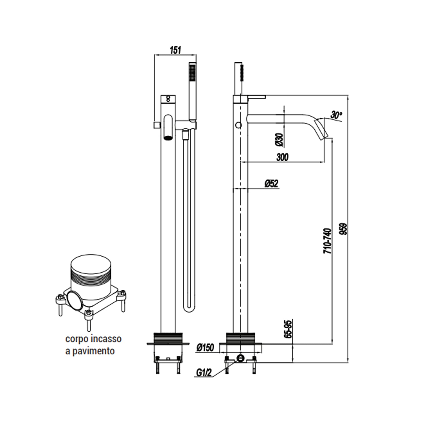 Miscelatore monocomando per vasca centro stanza con kit doccino RubiFlux serie Regal - Cromo by CeramicStore | Lo specialista del tuo bagno