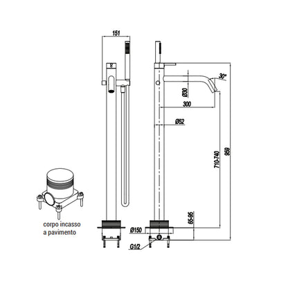 Miscelatore monocomando per vasca centro stanza con kit doccino RubiFlux serie Regal - Cromo by CeramicStore | Lo specialista del tuo bagno