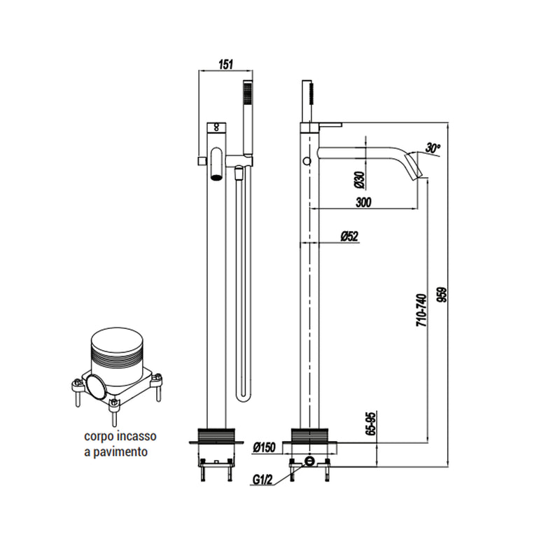 Miscelatore monocomando per vasca centro stanza con kit doccino RubiFlux serie Regal - Cromo by CeramicStore | Lo specialista del tuo bagno