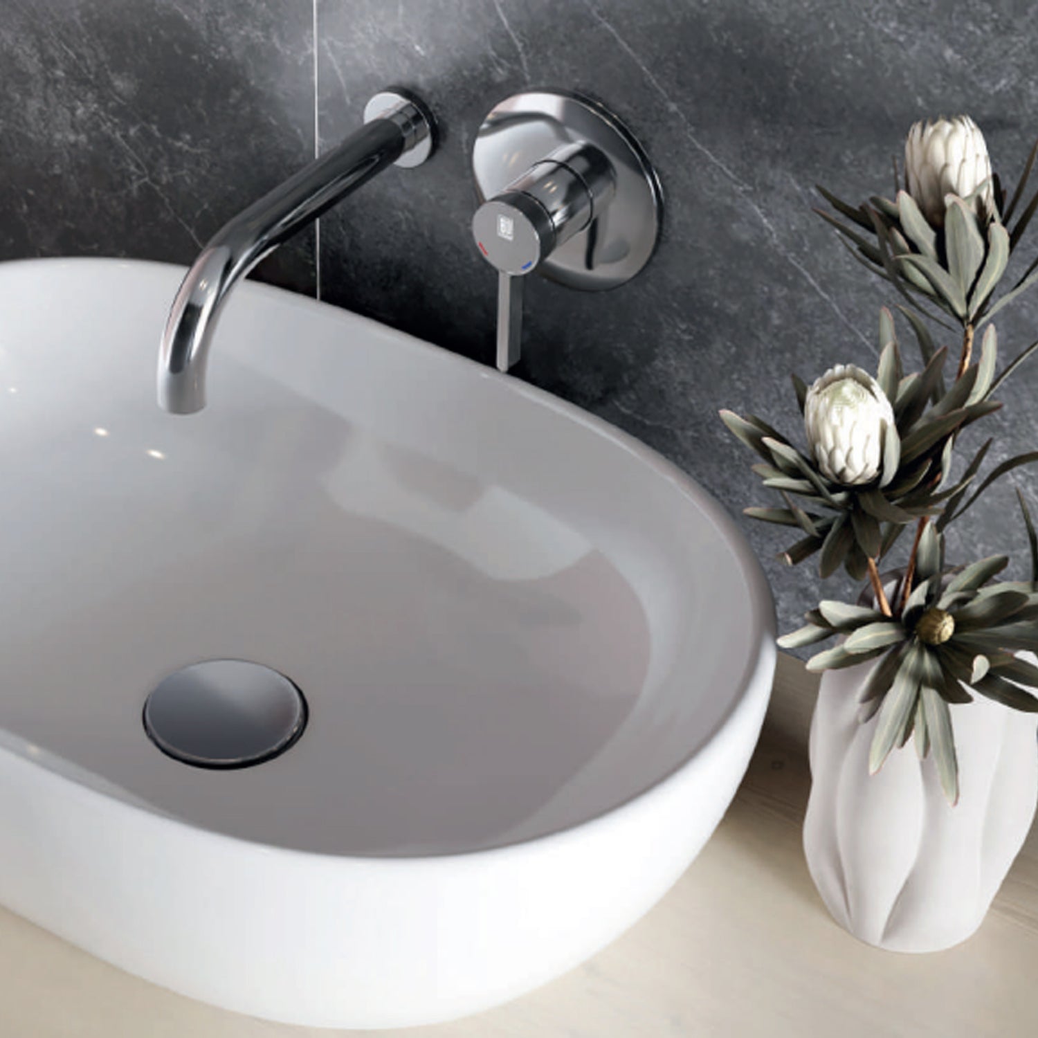 Miscelatore monocomando lavabo murale RubiFlux serie Tundra canna 20 cm - Cromo by CeramicStore | Lo specialista del tuo bagno