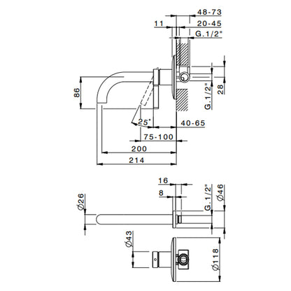 Miscelatore monocomando lavabo murale RubiFlux serie Tundra canna 20 cm - Nickel by CeramicStore | Lo specialista del tuo bagno