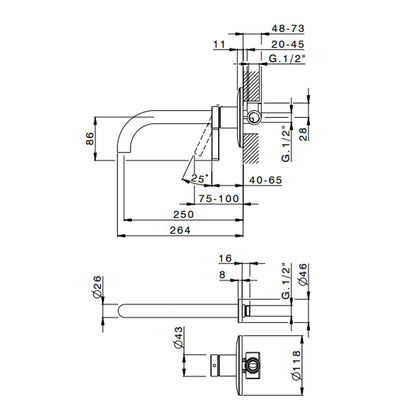 Miscelatore monocomando lavabo murale RubiFlux serie Tundra canna 25 cm - Cromo by CeramicStore | Lo specialista del tuo bagno