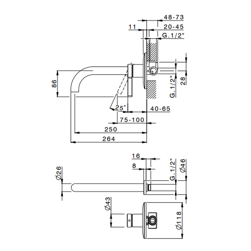 Miscelatore monocomando lavabo murale RubiFlux serie Tundra canna 25 cm - Nickel by CeramicStore | Lo specialista del tuo bagno