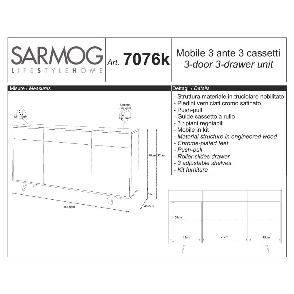 Mobile Madia a 3 Ante e 3 Cassetti Push-Pull finitura Struttura Cemento / Finitura Frontale Ossido Bianco by Sarmog by CeramicStore | Lo specialista del tuo bagno