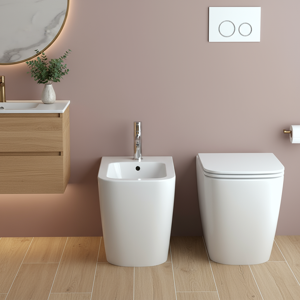 Coppia sanitari a terra BathCore serie Lunaria 54x36x42 cm - Vaso a terra + bidet a terra + copriwater