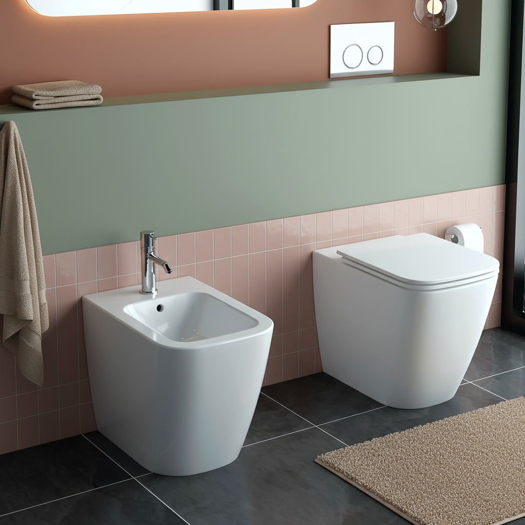 Coppia sanitari a terra BathCore serie Lunaria 54x36x42 cm - Vaso a terra + bidet a terra + copriwater