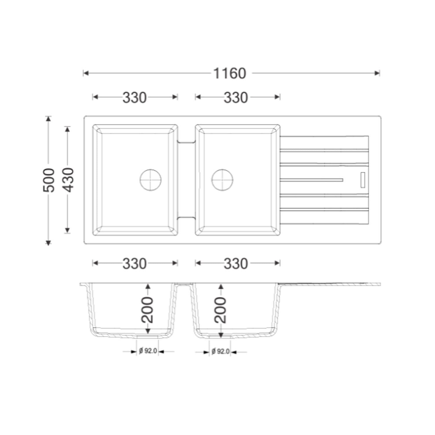 Lavello da cucina in resina con 2 vasche 116x50xH. 20 cm - Nero by CeramicStore | Lo specialista del tuo bagno