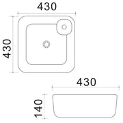 Lavabo d'appoggio quadrato con angoli stondati e foro rubinetto in ceramica bianca cm 43x43