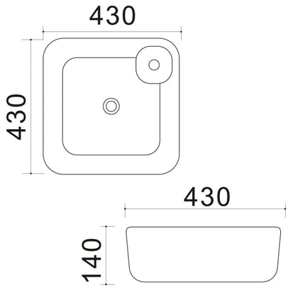 Lavabo d'appoggio quadrato con angoli stondati e foro rubinetto in ceramica bianca cm 43x43