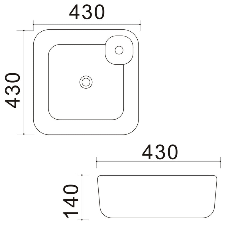 Lavabo d'appoggio quadrato con angoli stondati e foro rubinetto in ceramica bianca cm 43x43