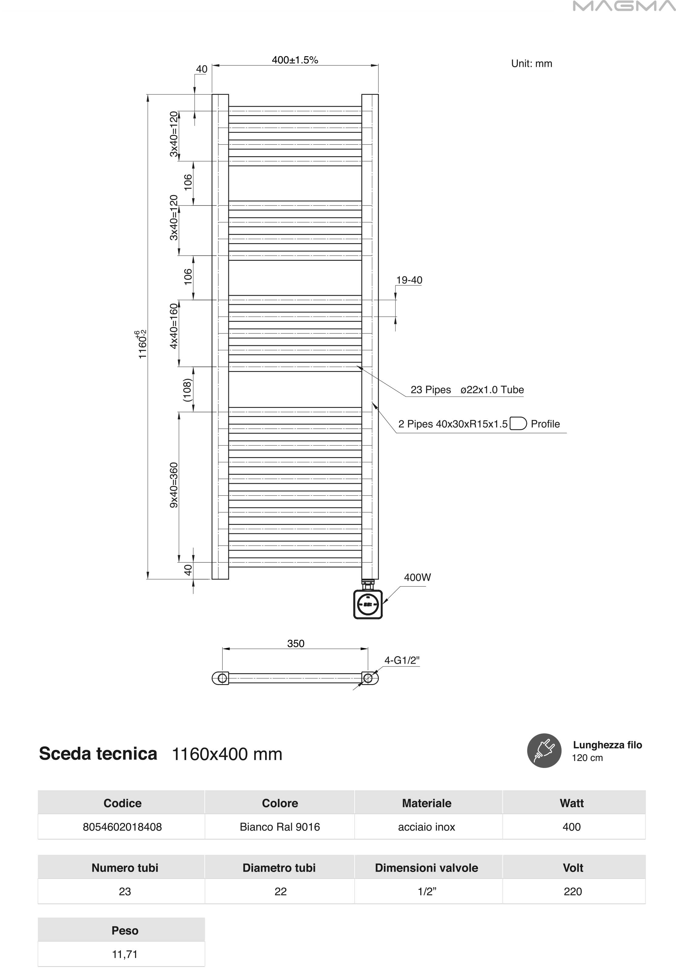 Termoarredo scaldasalviette da bagno elettrico con Termostato Digitale 1160x400 con potenza di 400 Watt Collezione vialis Nuova Generazione BASSO CONSUMO by CeramicStore | Lo specialista del tuo bagno