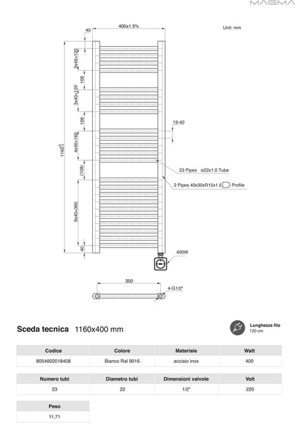 Termoarredo scaldasalviette da bagno elettrico con Termostato Digitale 1160x400 con potenza di 400 Watt Collezione vialis Nuova Generazione BASSO CONSUMO by CeramicStore | Lo specialista del tuo bagno