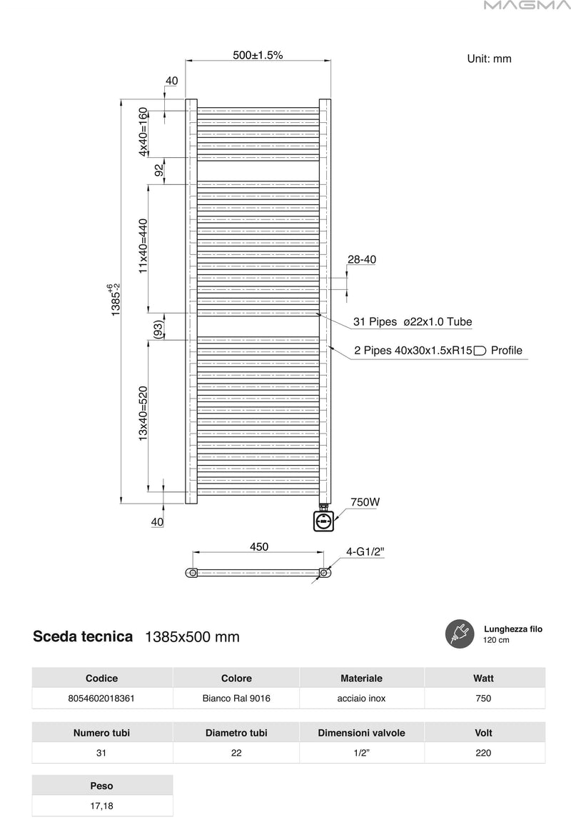 Termoarredo scaldasalviette da bagno elettrico con Termostato Digitale 1380x500 con potenza di 750 Watt Collezione Vialis Nuova Generazione BASSO CONSUMO by CeramicStore | Lo specialista del tuo bagno
