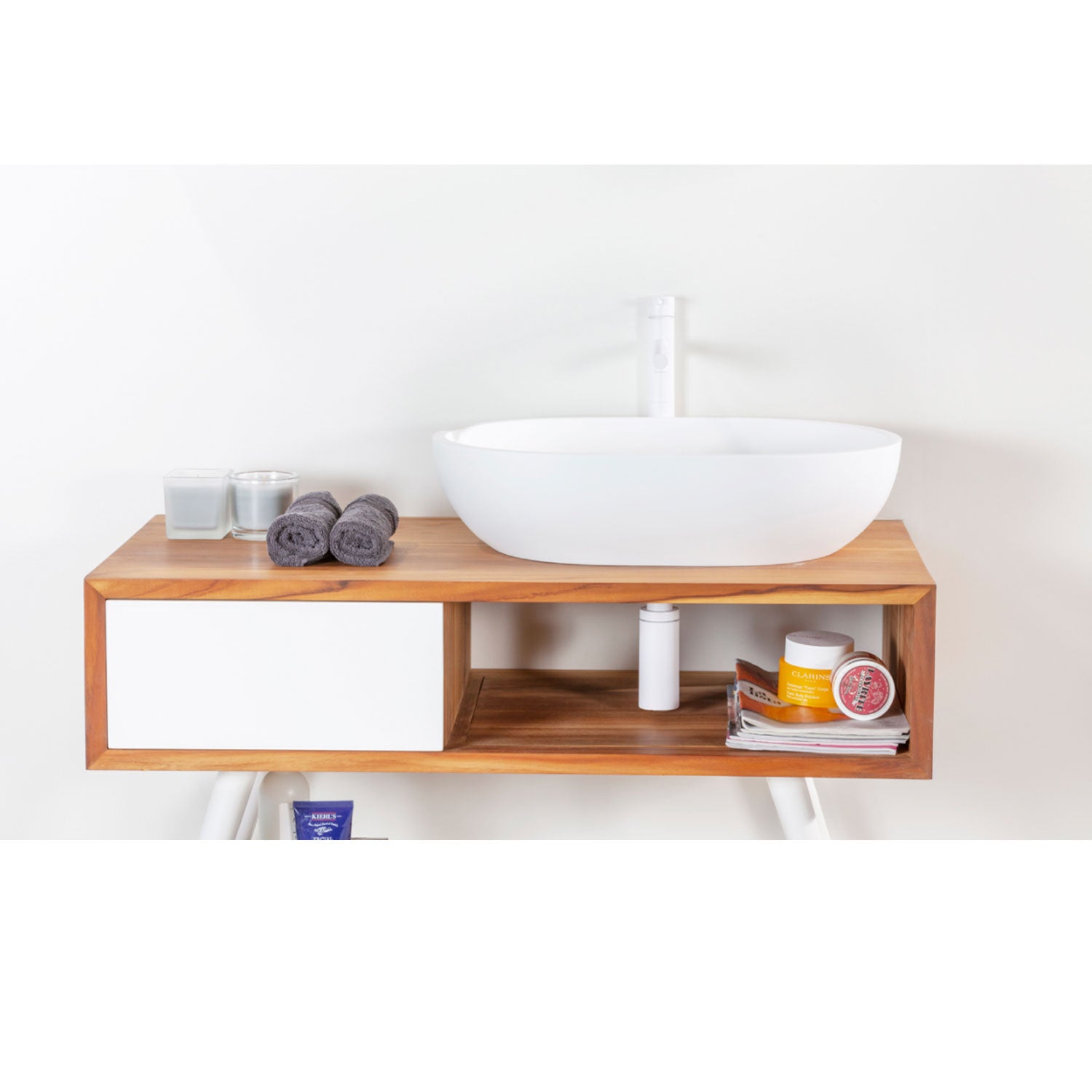 Consolle da bagno in Teak naturale 100cm serie Feelgood Small Cipi con un cassetto - frontale bianco by CeramicStore | Lo specialista del tuo bagno