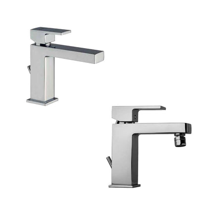 Set di miscelatori di forma quadrata per lavabo e bidet finitura cromata con Piletta e Saltello collezione More di Argo Rubinetterie