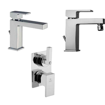 Set di miscelatori di forma quadrata per lavabo e bidet e doccia con deviatore finitura cromata collezione More di Argo Rubinetterie