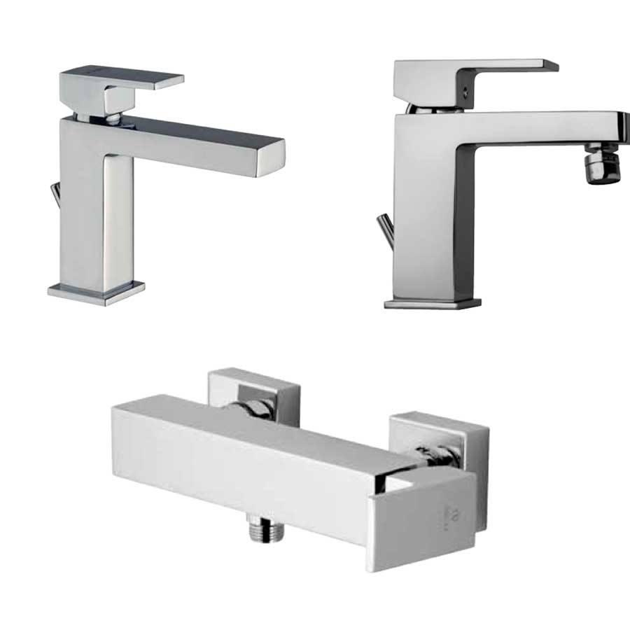 Set di miscelatori di forma quadrata per lavabo e bidet e doccia esterno finitura cromata collezione More di Argo Rubinetterie