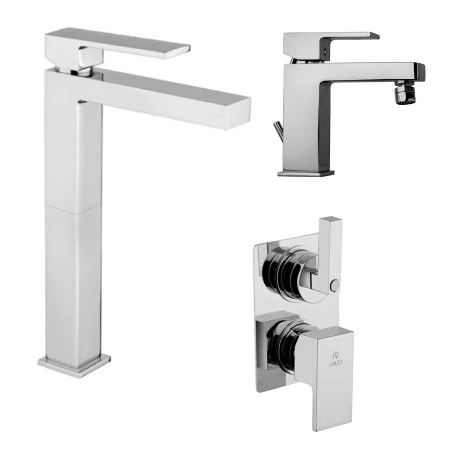 Set di miscelatori di forma quadrata per lavabo alto e bidet e doccia con deviatore finitura cromata collezione More di Argo Rubinetterie
