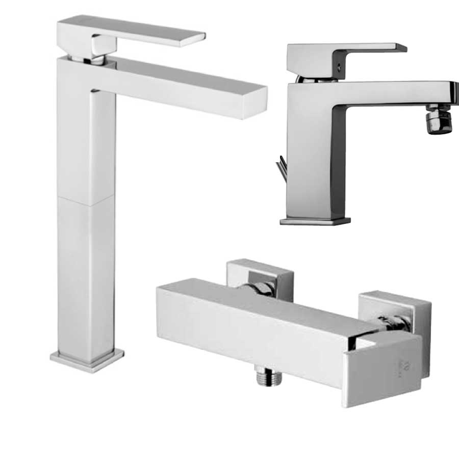 Set di miscelatori di forma quadrata per lavabo Alto e bidet e doccia esterno finitura cromata collezione More di Argo Rubinetterie