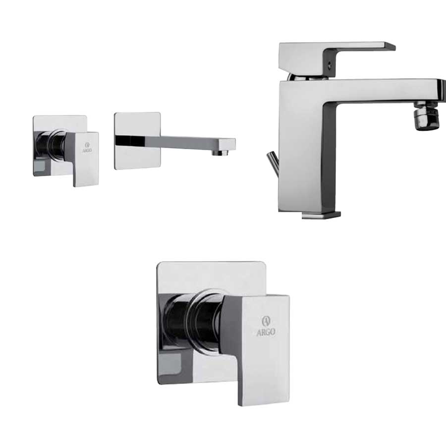 Set di miscelatori di forma quadrata per Lavabo a Muro, bidet e doccia finitura cromata collezione More di Argo Rubinetterie