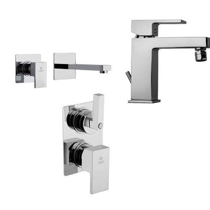 Set di miscelatori di forma quadrata per lavabo a muro, bidet e doccia con deviatore finitura cromata collezione More di Argo Rubinetterie