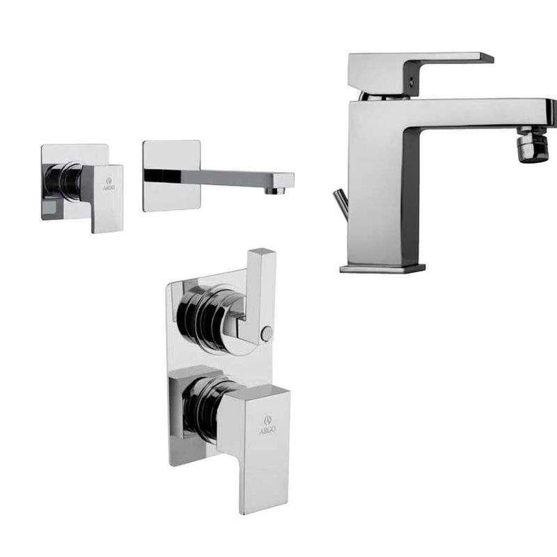 Set di miscelatori di forma quadrata per lavabo a muro, bidet e doccia con deviatore finitura cromata collezione More di Argo Rubinetterie