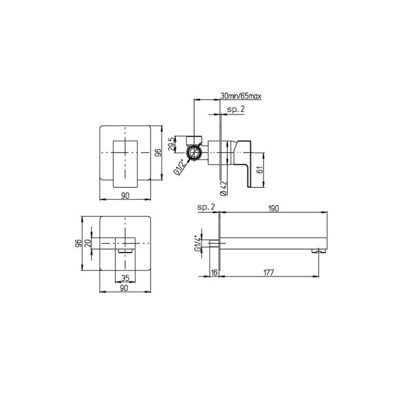 Set di miscelatori di forma quadrata per lavabo a muro, bidet e vasca con set Doccia finitura cromata collezione More di Argo Rubinetterie