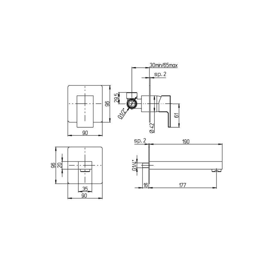 Set di miscelatori di forma quadrata per lavabo a muro, bidet e vasca con set Doccia finitura cromata collezione More di Argo Rubinetterie