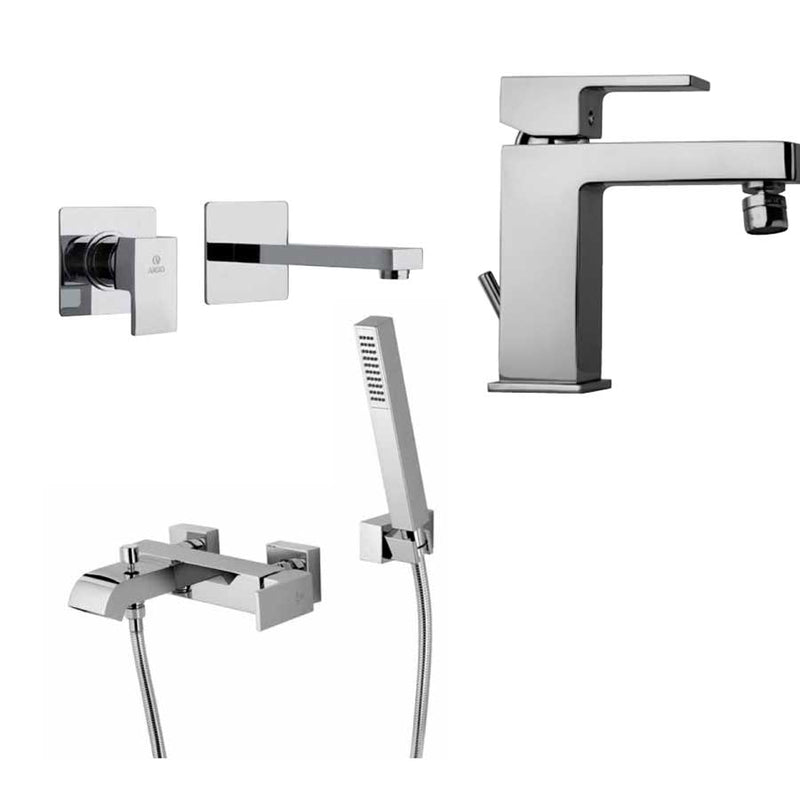 Set di miscelatori di forma quadrata per lavabo a muro, bidet e vasca con set Doccia finitura cromata collezione More di Argo Rubinetterie