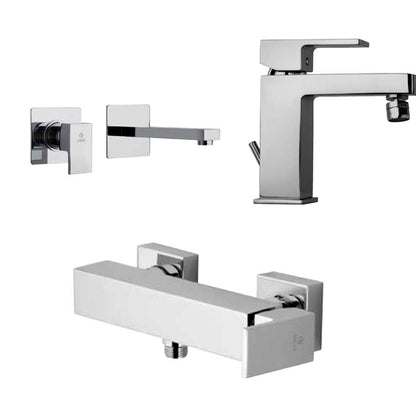 Set di miscelatori di forma quadrata per lavabo a muro, bidet e doccia esterno finitura cromata collezione More di Argo Rubinetterie