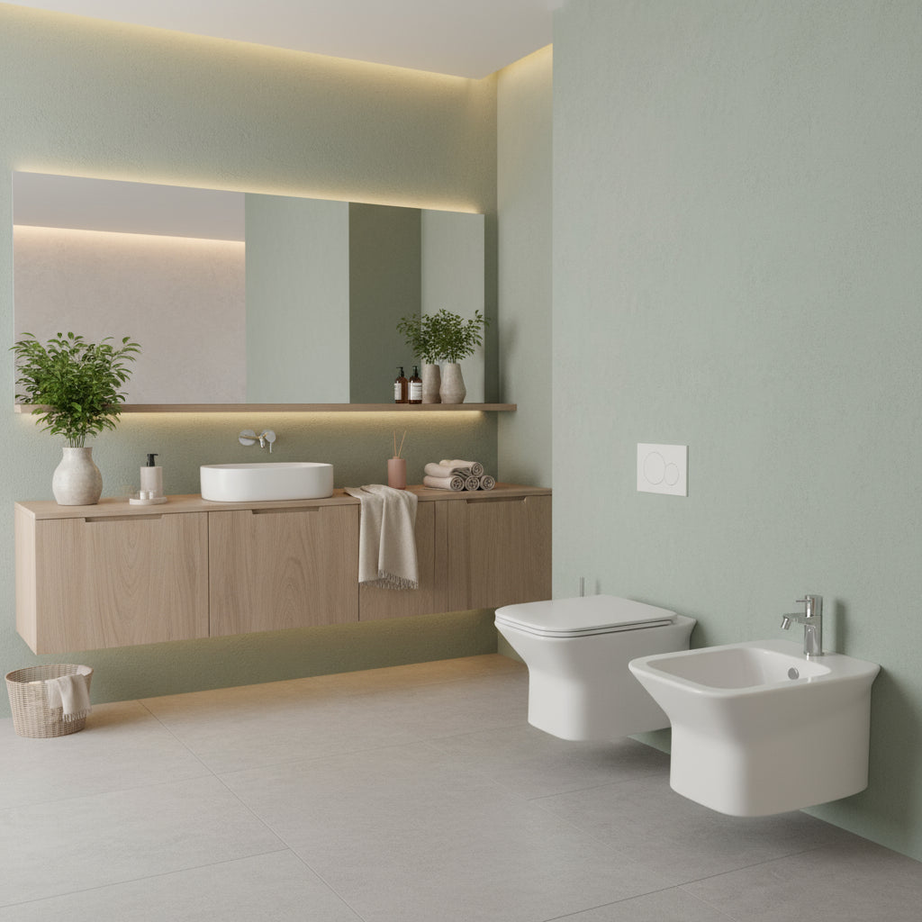 Sanitari sospesi modello Prua di Ceramica Azzurra con copriwater tradizionale
