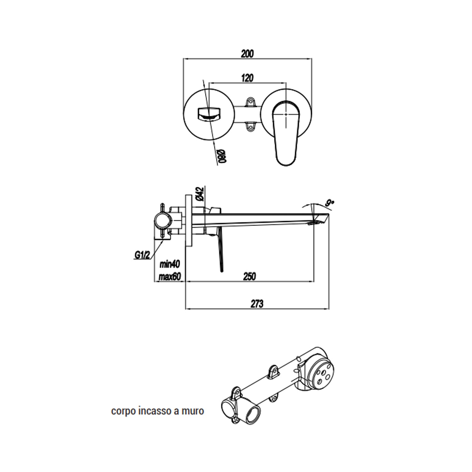 Miscelatore monocomando lavabo murale RubiFlux serie Ampra canna 25 cm - Cromo by CeramicStore | Lo specialista del tuo bagno