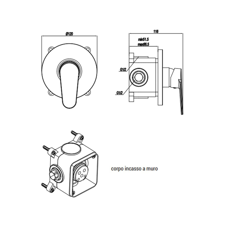 Mezclador monomando empotrado para ducha con desviador RubiFlux serie Ampra - Cromo