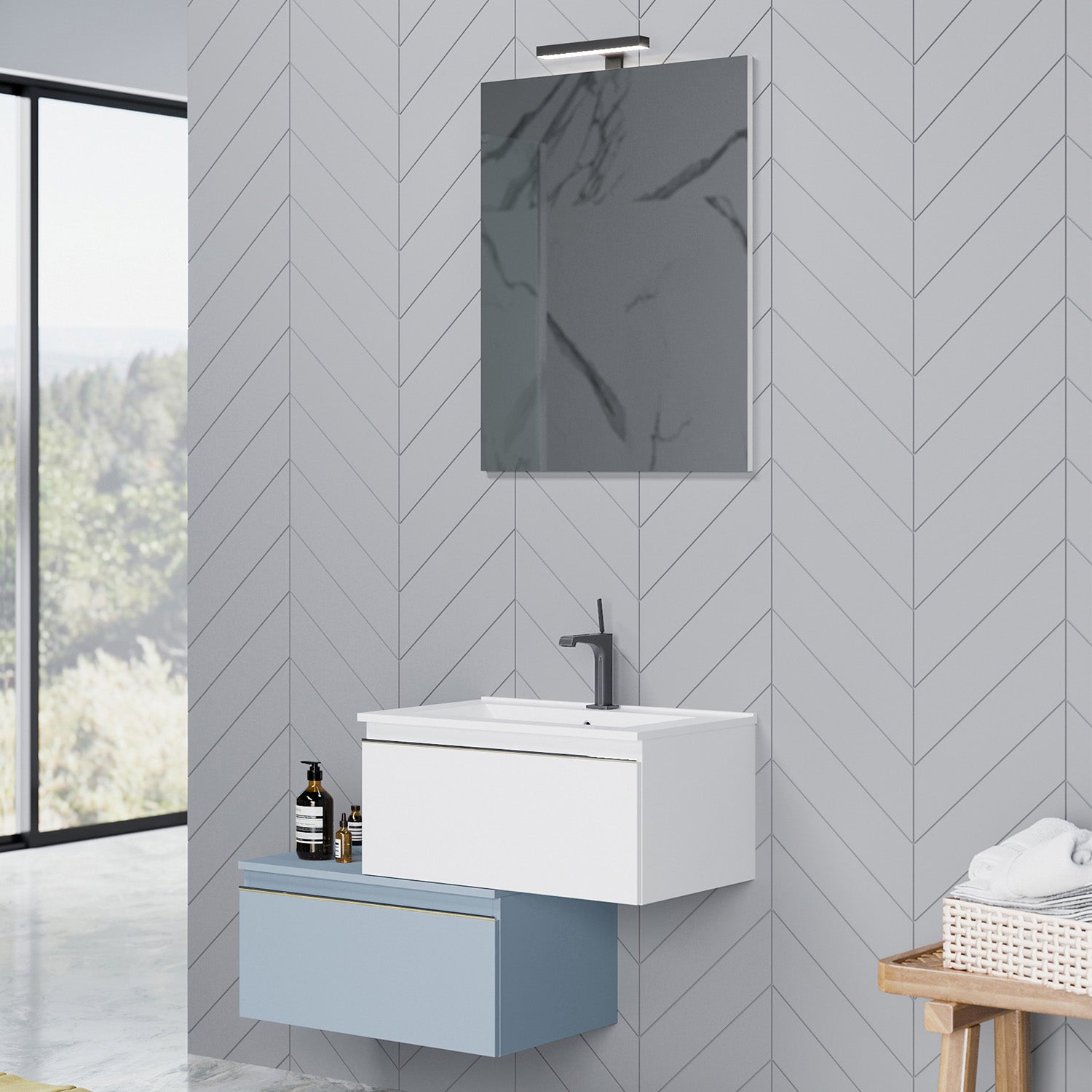 Composizione sospesa Shanti base con lavabo, specchio e led 80cm blu pastello opaco by CeramicStore | Lo specialista del tuo bagno