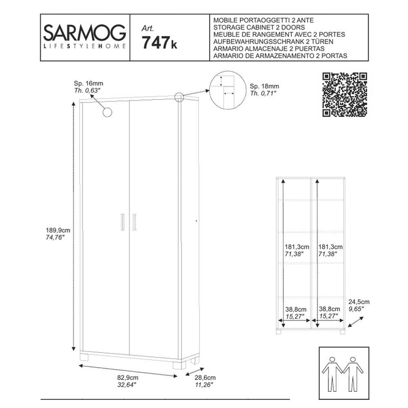 Mobile Armadio a 2 ante e 8 ripiani finitura Struttura Noce Stelvio / Finitura Frontale Bianco Fiammato by Sarmog by CeramicStore | Lo specialista del tuo bagno