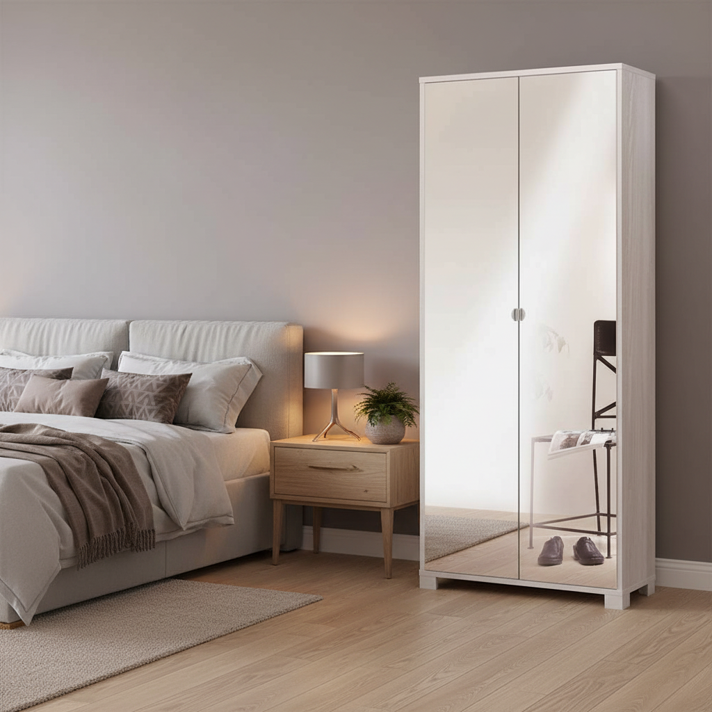 Mobile Armadio a 2 ante e 8 ripiani finitura Struttura Olmo Chiaro / Finitura Frontale Specchio Naturale by Sarmog