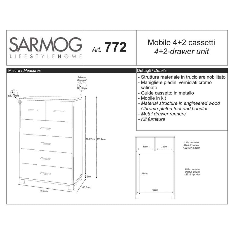 Mobile Cassettiera Verticale a 4 + 2 cassetti finitura Struttura Olmo Chiaro / Finitura Frontale Olmo Chiaro by Sarmog by CeramicStore | Lo specialista del tuo bagno