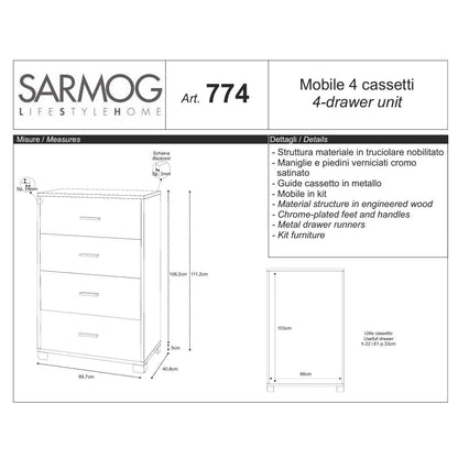 Mobile Cassettiera Verticale a 4 cassetti finitura Struttura Olmo Chiaro / Finitura Frontale Bianco Fiammato by Sarmog by CeramicStore | Lo specialista del tuo bagno