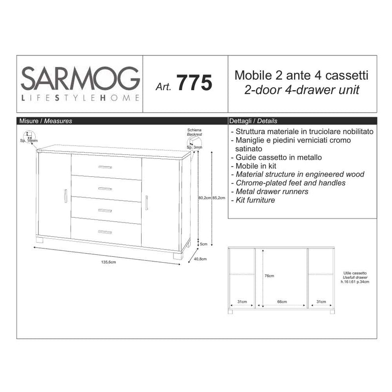 Mobile Credenza a 2 ante e 4 cassetti finitura Struttura Olmo Chiaro / Finitura Frontale Olmo Chiaro by Sarmog by CeramicStore | Lo specialista del tuo bagno