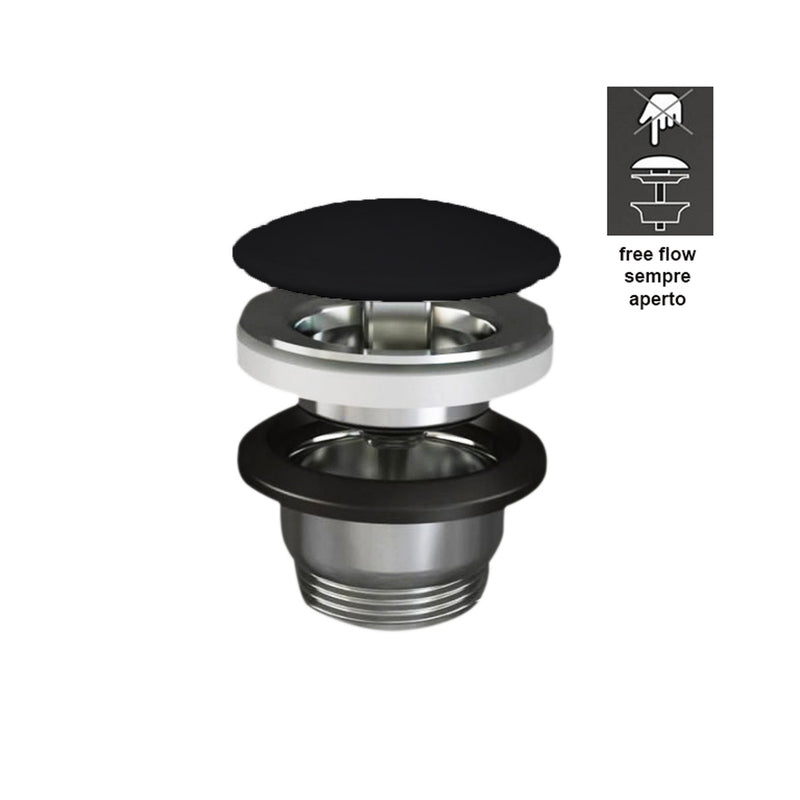 Piletta Free Flow con tappo tondo nero opaco per lavabi Sensation senza troppo pieno by CeramicStore | Lo specialista del tuo bagno