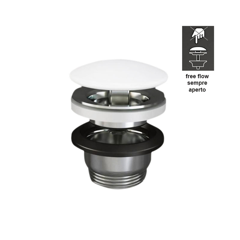 Piletta Free Flow con tappo tondo bianco opaco per lavabi Sensation senza troppo pieno by CeramicStore | Lo specialista del tuo bagno