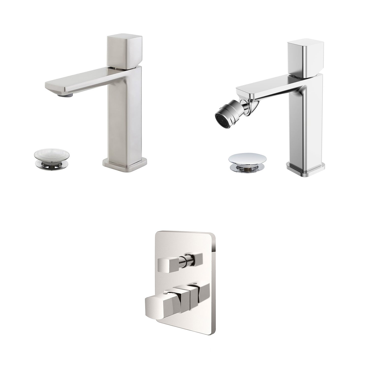 Kit miscelatore lavabo + bidet + doccia a due vie RubiFlux serie Lilium con piletta clic-clac - Nickel spazzolato