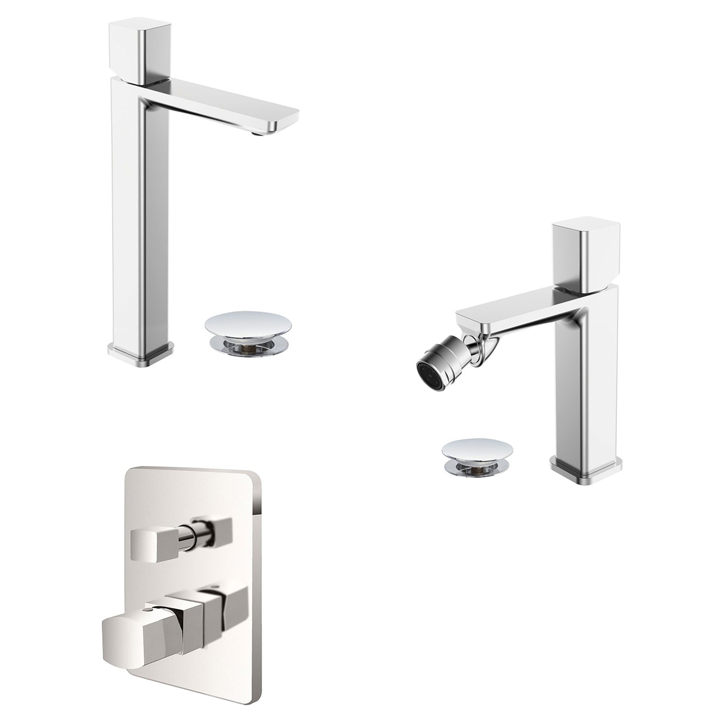 Kit miscelatore lavabo alto + bidet + doccia a due vie RubiFlux serie Lilium Modello Grey con piletta clic-clac - Nickel spazzolato