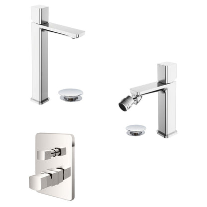 Kit miscelatore lavabo alto + bidet + doccia a due vie RubiFlux serie Lilium Modello Grey con piletta clic-clac - Nickel spazzolato