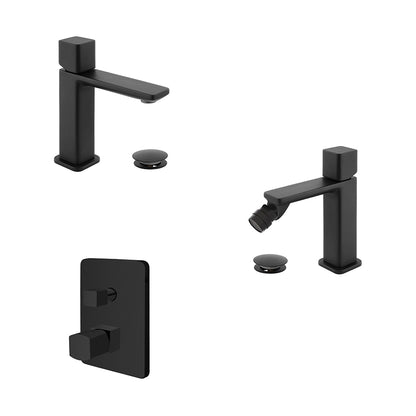 Kit miscelatore lavabo + bidet + doccia a due vie RubiFlux serie Lilium Modello Black con piletta clic-clac - Nero Opaco