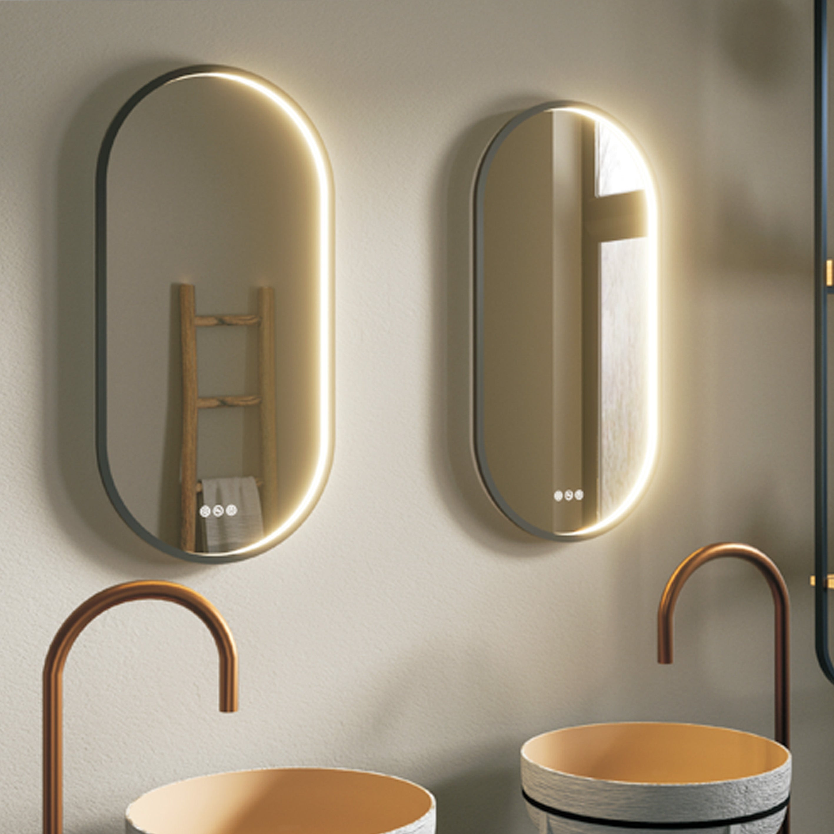 Specchio ovale con cornice nera e led Eterea 50x100 con antifog manuale e 3 tonalità di luce by CeramicStore | Lo specialista del tuo bagno