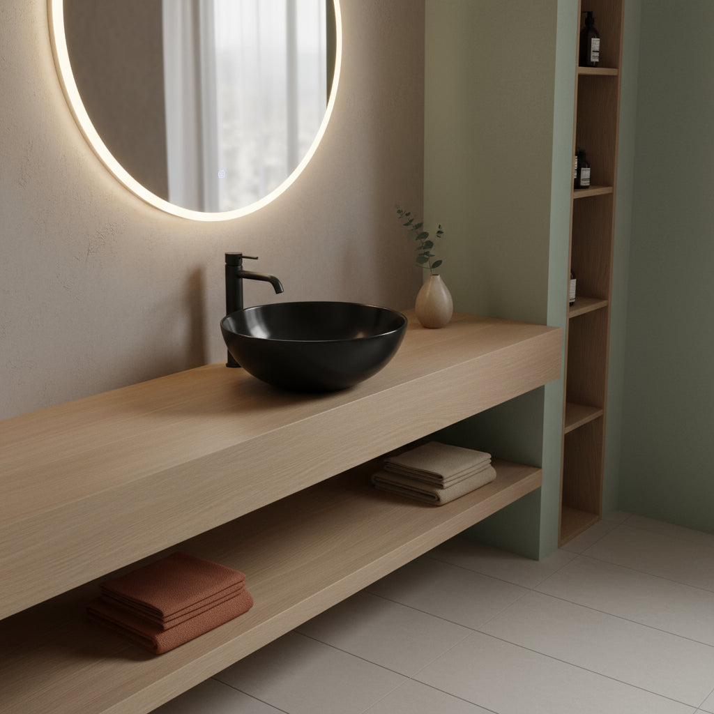 Lavabo da appoggio tondo Slim ceramica nera diametro 33 cm e altezza 14 cm