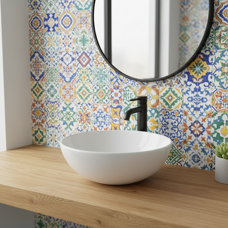 Lavabo de apoyo redondo Slim cerámica blanca diámetro 38,5 cm y altura 15 cm